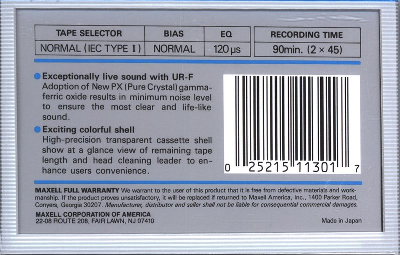 Compact Cassette Maxell UR-F 90 Type I Normal 1985 USA