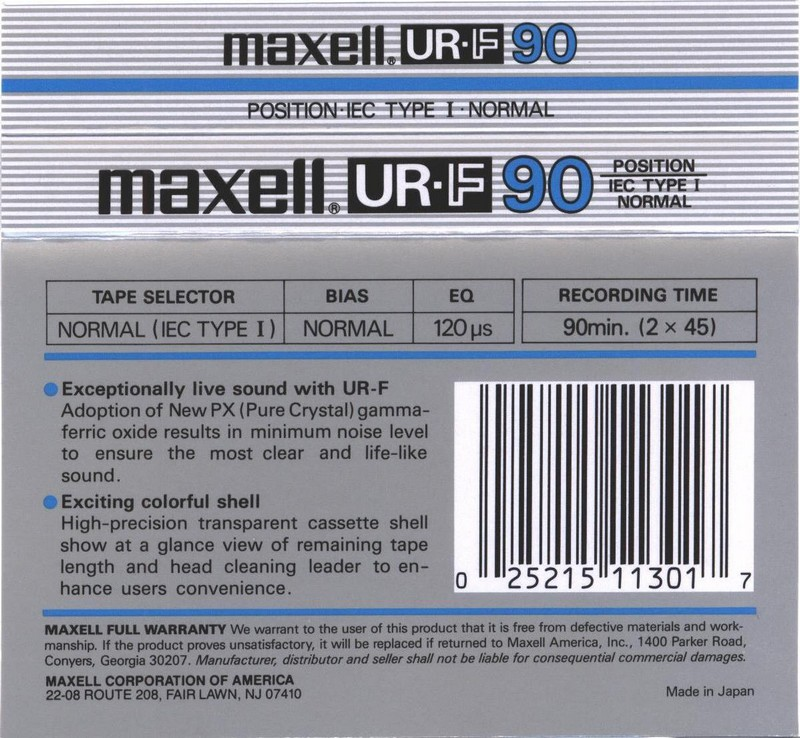 Compact Cassette Maxell UR-F 90 Type I Normal 1985 USA