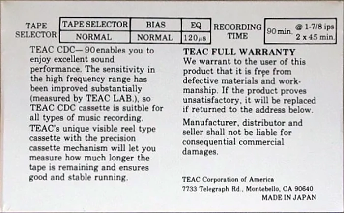 Compact Cassette Teac CDC 90 Type I Normal 1982 USA
