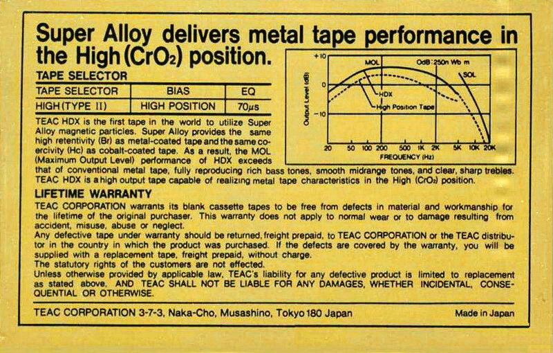 Compact Cassette Teac HDX 46 Type II Chrome 1984 USA