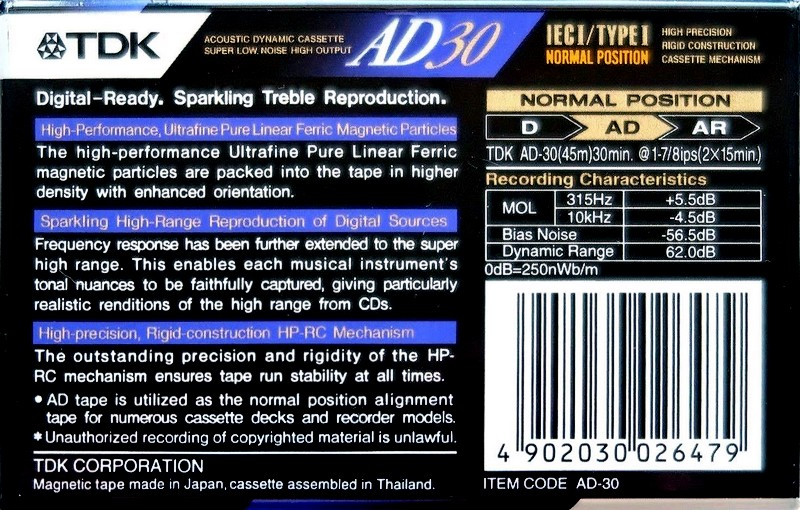 Compact Cassette TDK AD 30 "AD-30" Type I Normal 1992 Thailand