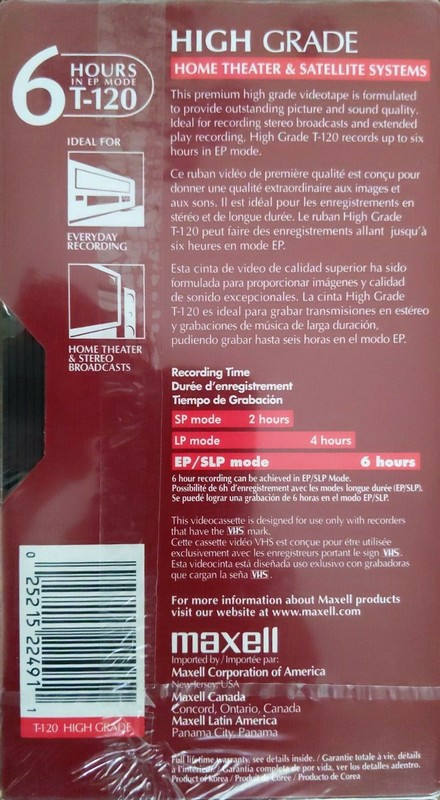 VHS, Video Home System Maxell High Grade 120 Type I Normal 2002 North America