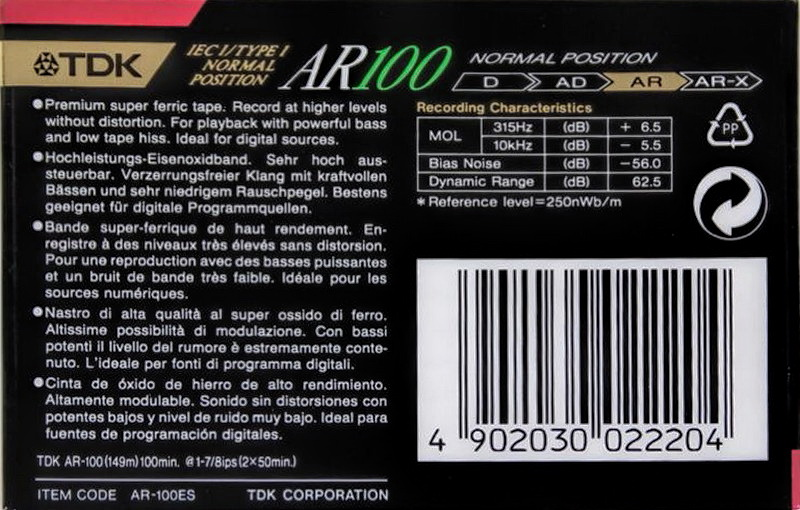 Compact Cassette TDK AR 100 "AR-100ES" Type I Normal 1990 Europe