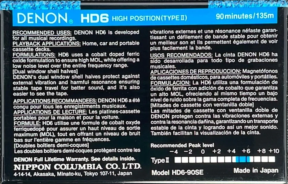 Compact Cassette Denon HD6 90 "HD6-90SE" Type II Chrome 1991 Worldwide