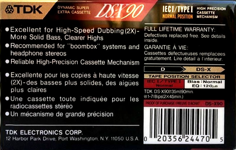 Compact Cassette TDK DS-X 90 Type I Normal 1992 North America