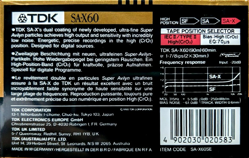 Compact Cassette TDK SA-X 60 "SA-X60SE" Type II Chrome 1990 Australia, Europe