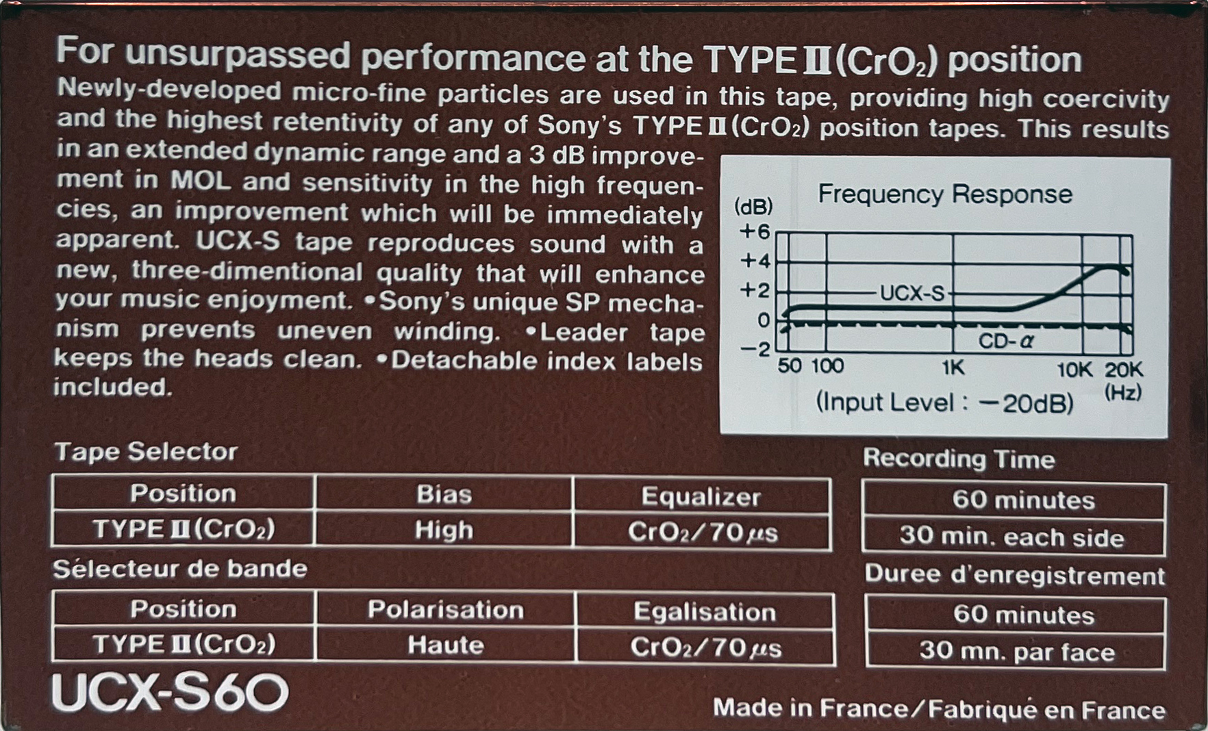 Compact Cassette Sony UCX-S 60 Type II Chrome 1982 Canada