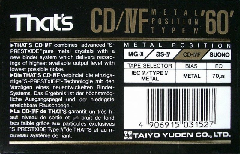 Compact Cassette Thats CD-IVF 60 Type IV Metal 1991 Europe