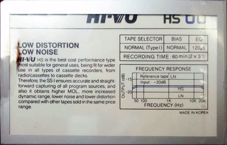 Compact Cassette HI-VU 60 "HS" Type I Normal 1987 South Korea