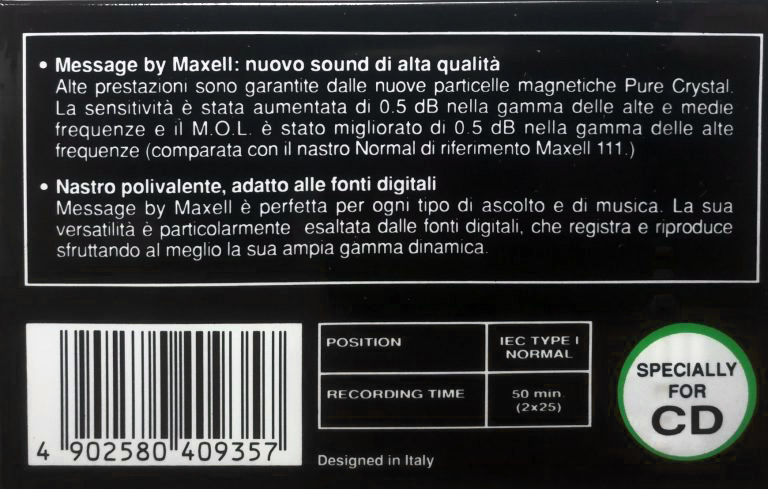 Compact Cassette Maxell Message 50 Type I Normal 1991 Italy