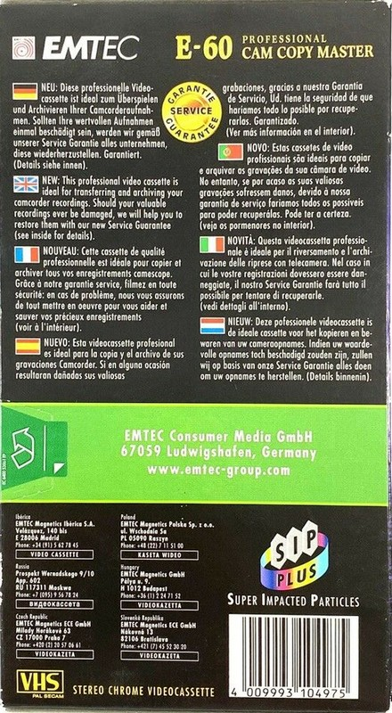 VHS, Video Home System Emtec Cam Copy Master 60 Type II Chrome 2000 Europe