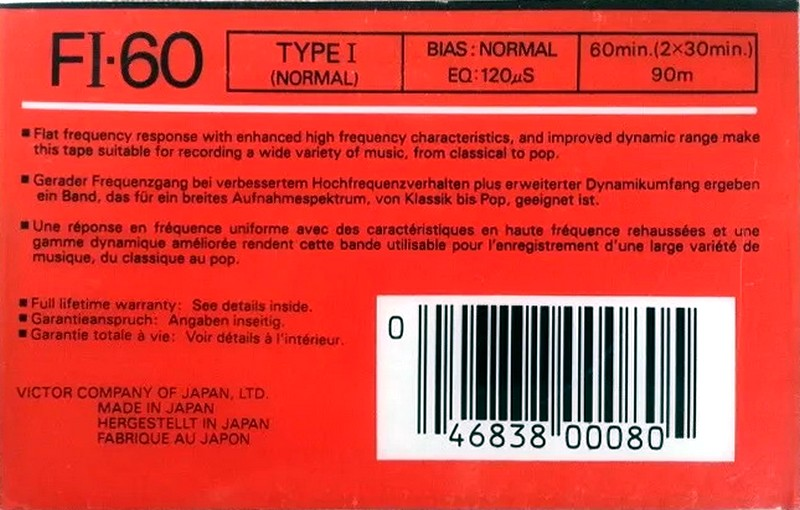 Compact Cassette JVC FI 60 Type I Normal 1988 North America