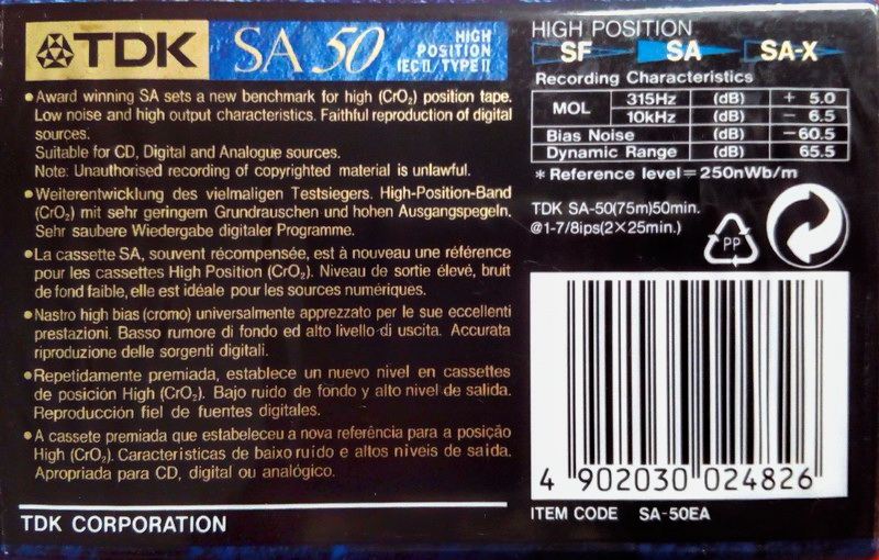 Compact Cassette TDK SA 50 "SA-50EA" Type II Chrome 1995 Europe