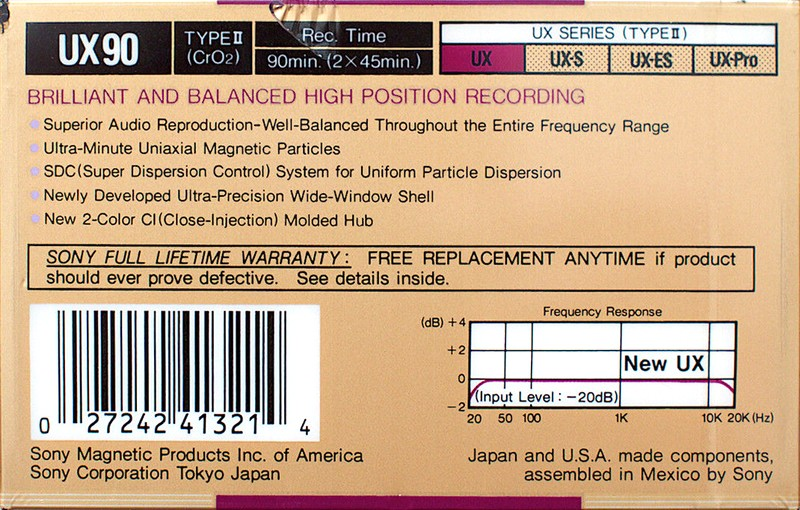 Compact Cassette Sony UX 90 Type II Chrome 1988 USA