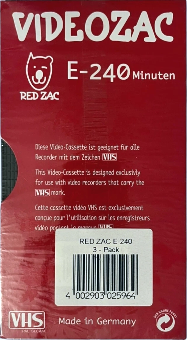 VHS, Video Home System Videozac 240 Type I Normal Europe