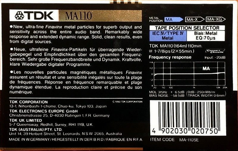 Compact Cassette TDK MA 110 "MA-110SE" Type IV Metal 1990 Europe