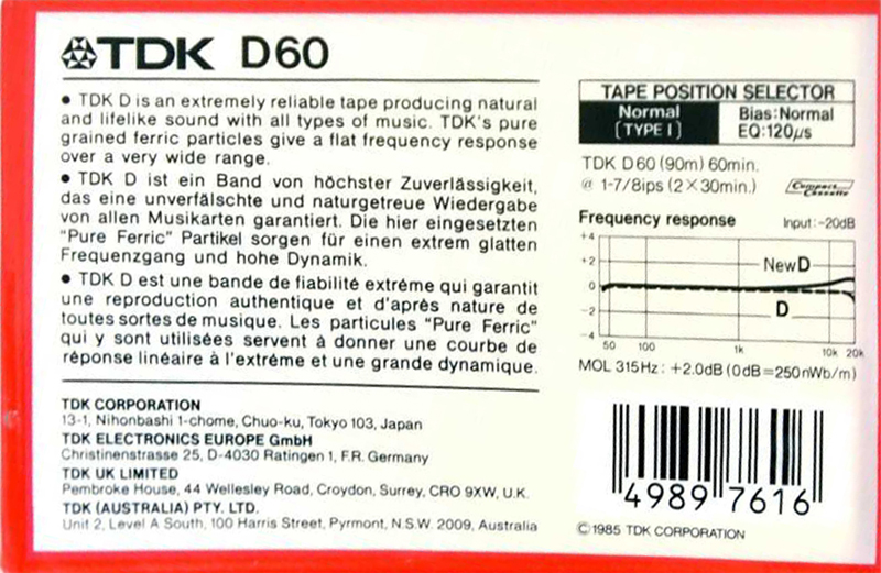 Compact Cassette TDK 60 Type I Normal 1985 Australia, Europe