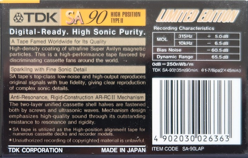Compact Cassette TDK SA 90 "SA-90LAP Limited Edition" Type II Chrome 1994 Europe
