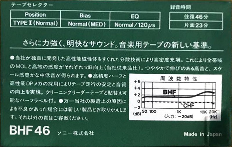 Compact Cassette Sony BHF 46 Type I Normal 1982 Japan