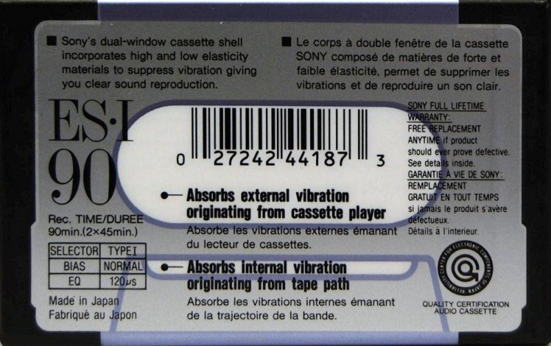 Compact Cassette Sony ES-I 90 Type I Normal 1991 North America