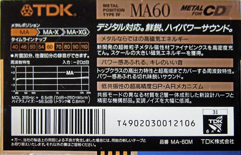 Compact Cassette TDK MA 60 "MA-60M" Type IV Metal 1990 Japan