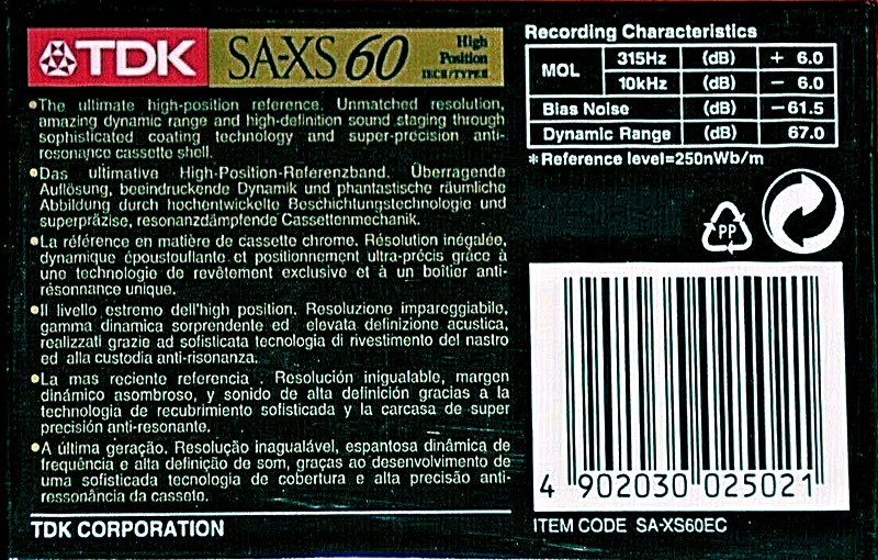 Compact Cassette TDK SA-XS 60 "SA-XS60EC" Type II Chrome 1999 Europe