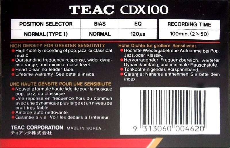 Compact Cassette Teac CDX 100 Type I Normal 1990 Europe
