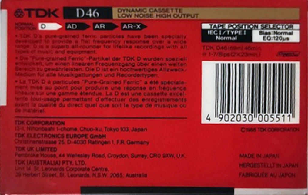 Compact Cassette TDK D 46 Type I Normal 1988 Australia, Europe