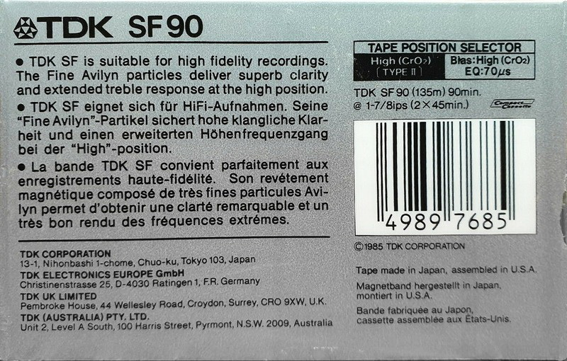 Compact Cassette TDK SF 90 Type II Chrome 1985 Australia, Europe