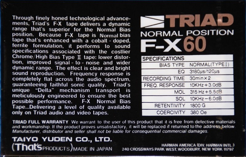 Compact Cassette Triad F-X 60 Type I Normal 1986 North America
