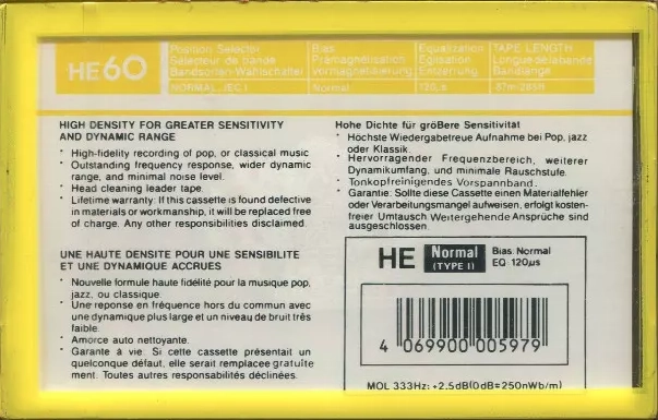 Compact Cassette Perfekt HE 60 Type I Normal Europe