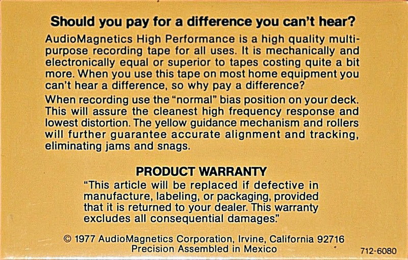 Compact Cassette Audio Magnetics High Performance 90 Type I Normal 1977 USA