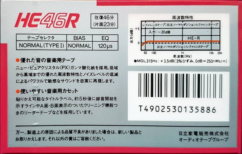 Compact Cassette Hitachi HE 46 "HE46R" Type I Normal 1985 Japan