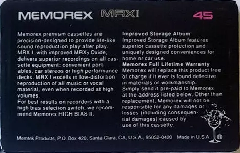 Compact Cassette Memorex MRX I 45 Type I Normal 1982 USA