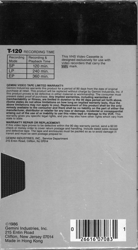 VHS, Video Home System Gemini 120 Type I Normal 1986 USA