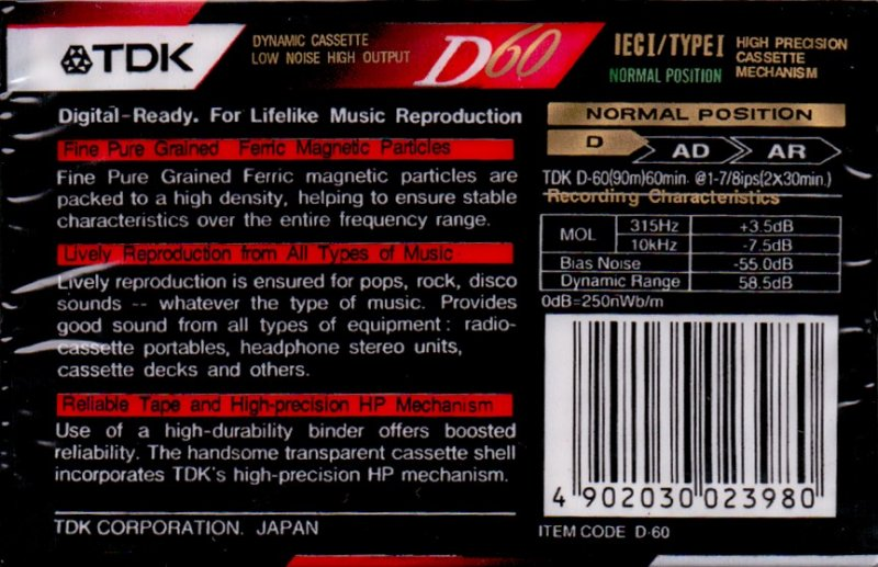 Compact Cassette TDK D 60 "D-60" Type I Normal 1992 Europe