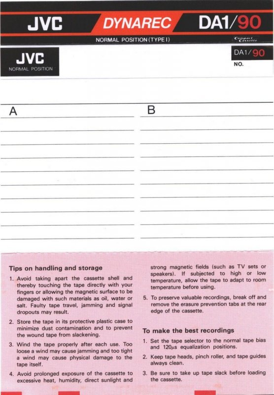 Compact Cassette JVC Dynarec DA1 90 Type I Normal 1983 Worldwide