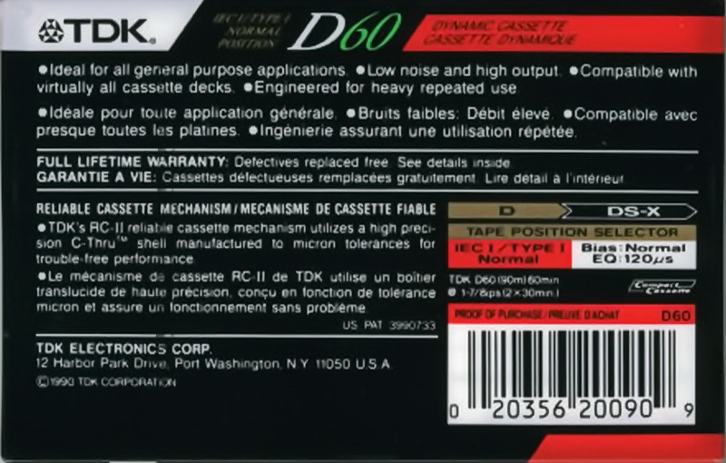 Compact Cassette TDK D 60 Type I Normal 1990 USA
