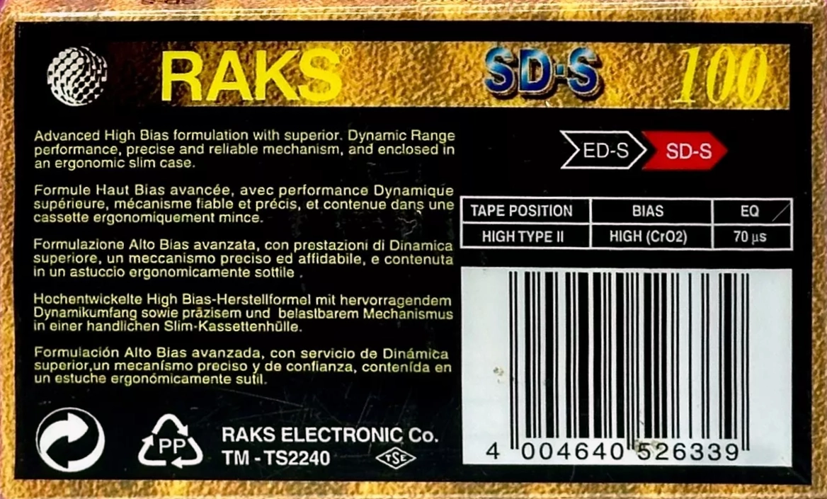 Compact Cassette RAKS SD-S 100 Type II Chrome 1993 Europe