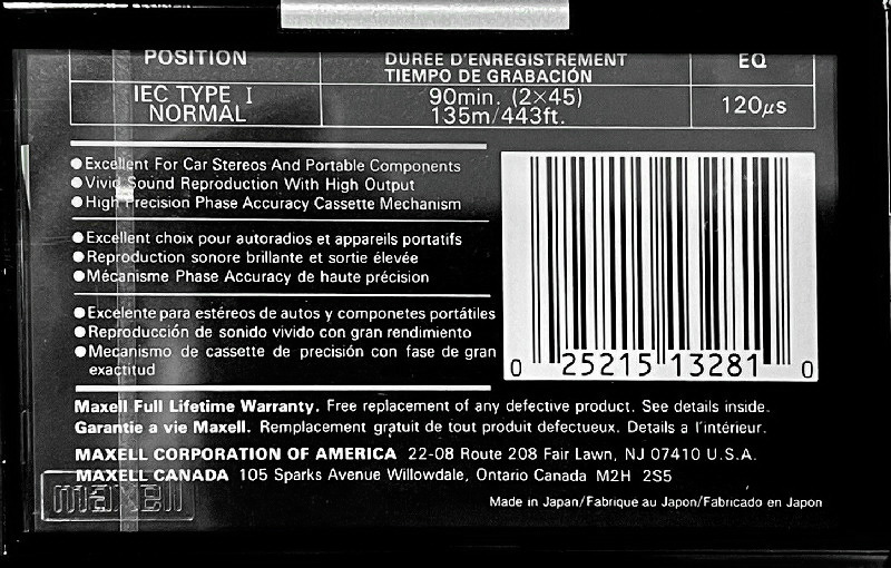 Compact Cassette Maxell XLI 90 Type I Normal 1992 North America
