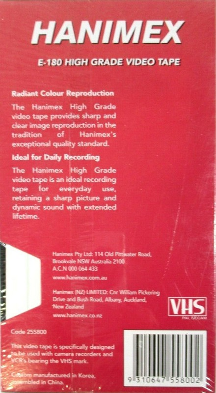 VHS, Video Home System Hanimex 180 Type I Normal Australia, New Zealand