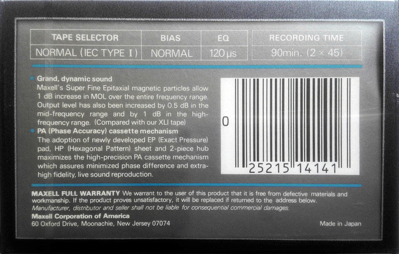 Compact Cassette Maxell XLI-S 90 Type I Normal 1984 USA
