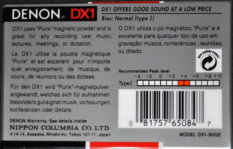 Compact Cassette Denon DX1 90 "DX1-90GE" Type I Normal 1992 North America
