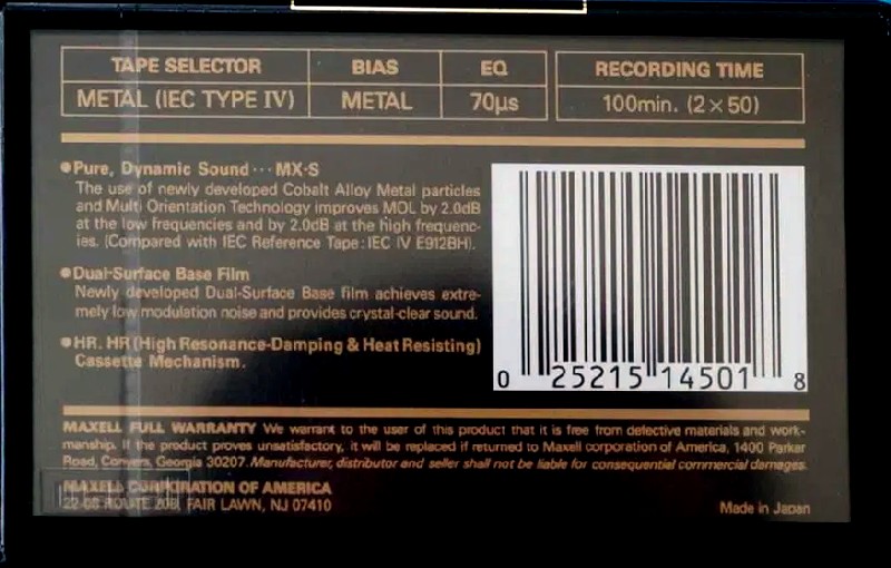 Compact Cassette Maxell MX-S 100 Type IV Metal 1992 USA