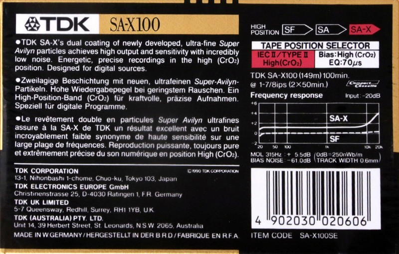Compact Cassette TDK SA-X 100 "SA-X100SE" Type II Chrome 1990 Australia, Europe