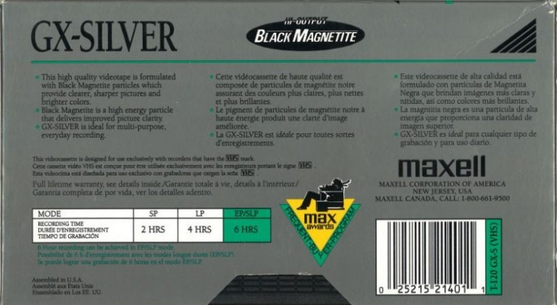VHS, Video Home System Maxell GX-Silver 120 "T-120 GX-S" Type I Normal 1991 North America