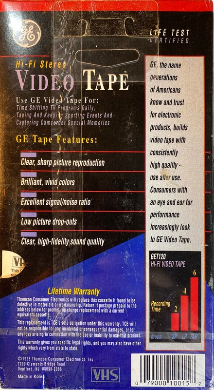 VHS, Video Home System GE / General Electric 120 Type I Normal 1993 USA