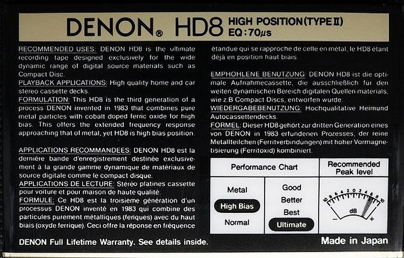 Compact Cassette Denon HD8 60 Type II Chrome 1988 USA