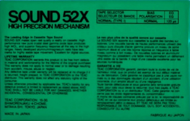 Compact Cassette Teac SOUND 52X 52 "52XGR" Type I Normal 1986 USA
