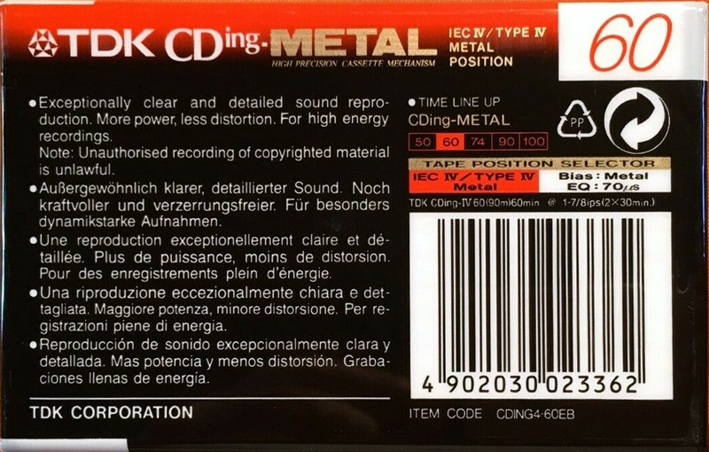 Compact Cassette TDK CDing Metal 60 "CDING4-60EB" Type IV Metal 1997 Europe